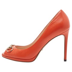 Gucci Orange Leather Hollywood Horsebit Peep Toe Pumps Size 37