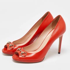 Gucci Orange Leather Hollywood Horsebit Peep Toe Pumps Size 40.5
