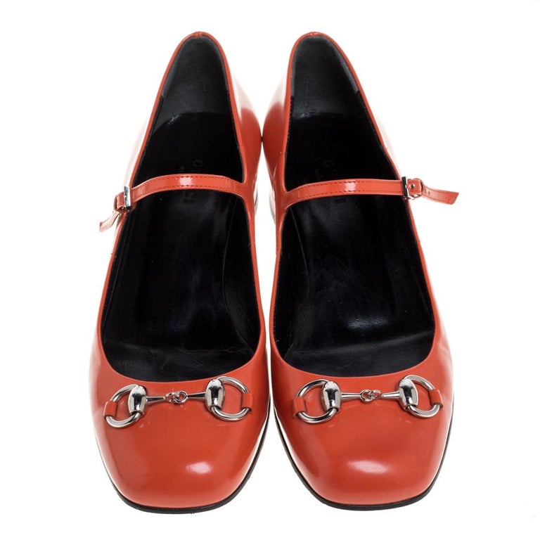 Gucci Orange Leather Horsebit Mary Jane Square Toe Flats Size 36.5 at ...