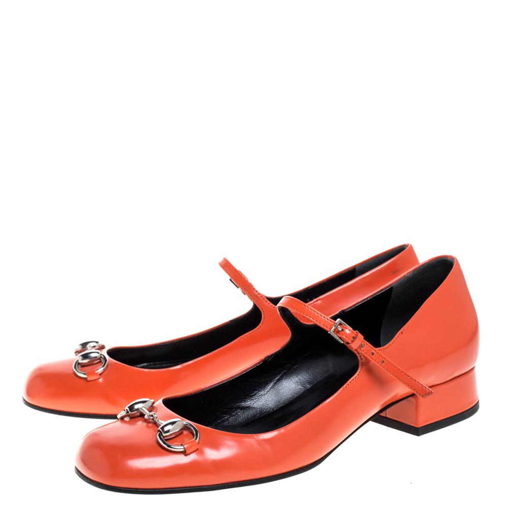 Women's Gucci Orange Leather Horsebit Mary Jane Square Toe Flats Size 36.5