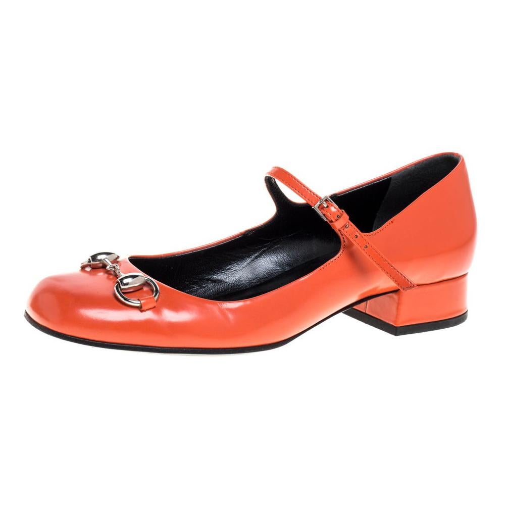 Gucci Orange Leather Horsebit Mary Jane Square Toe Flats Size 36.5