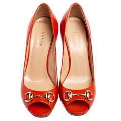 Gucci Orange Leather Horsebit Peep Toe Pumps Size 35