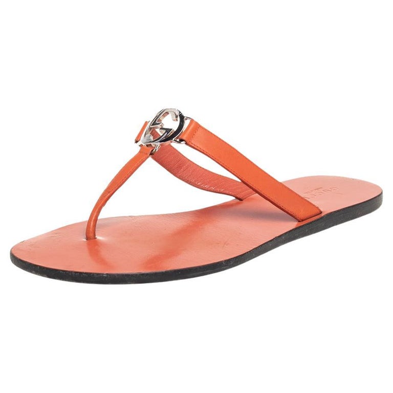 Gucci Orange Leather Interlocking GG Thong Flat Sandals Size 37 For