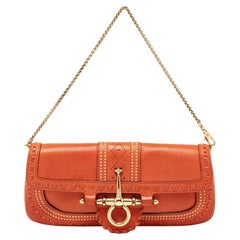 Used Gucci Orange Leather Snaffle Bit Chain Baguette Bag