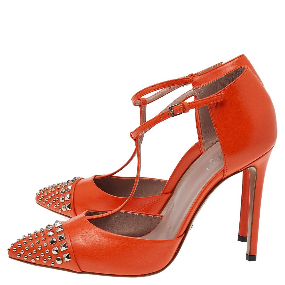 Women's Gucci Orange Leather Studded Coline T-Strap Pumps Size 38