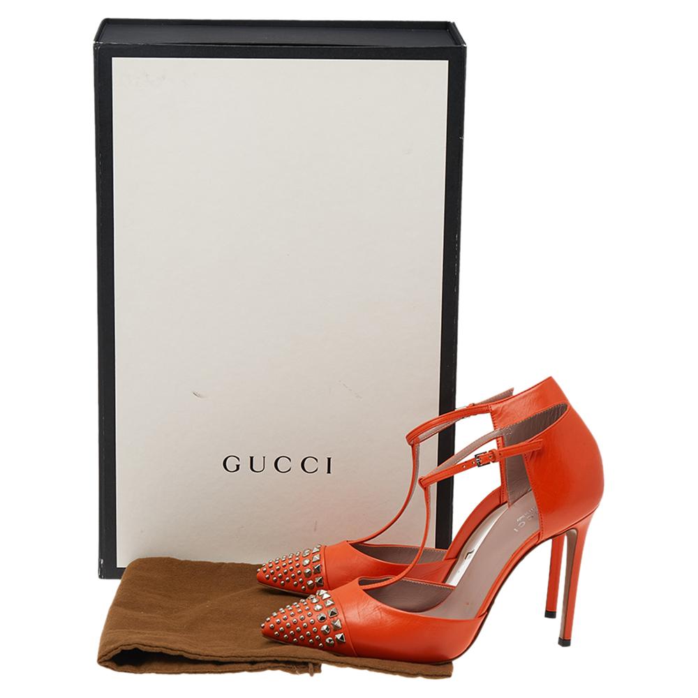 Gucci Orange Leather Studded Coline T-Strap Pumps Size 38 1