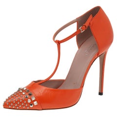 Gucci Orange Leather Studded Coline T-Strap Pumps Size 38