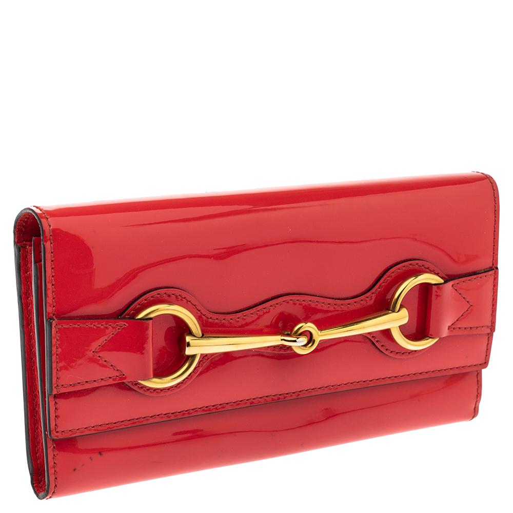 Red Gucci Orange Patent Leather Horsebit Continental Wallet