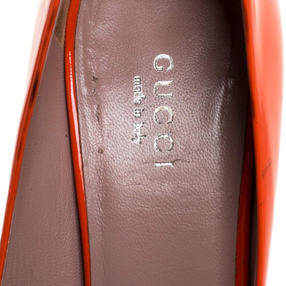 Gucci Orange Patent Leather Horsebit Peep Toe Pumps Size 36 3