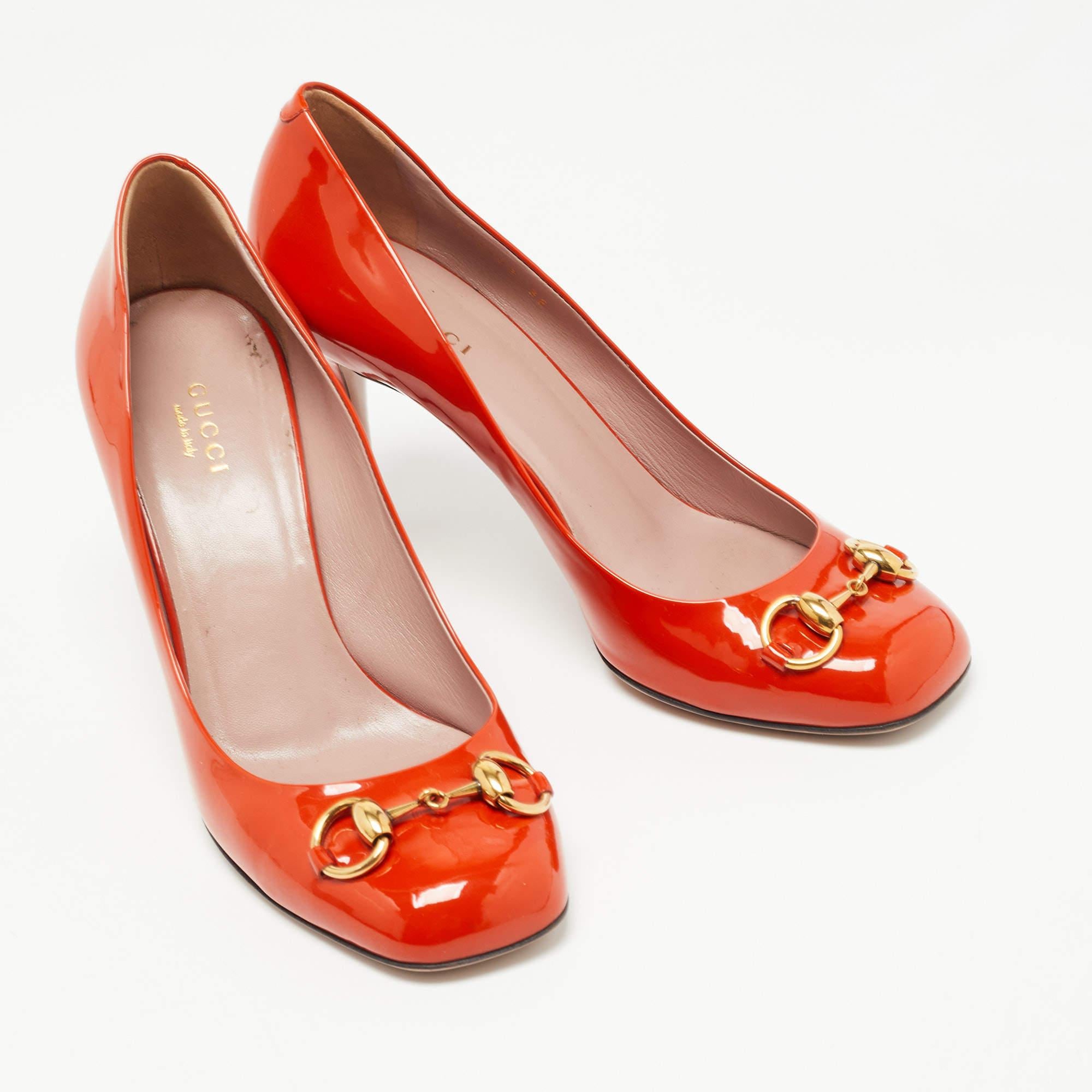 Women's Gucci Orange Patent Leather Horsebit Pumps Size 38