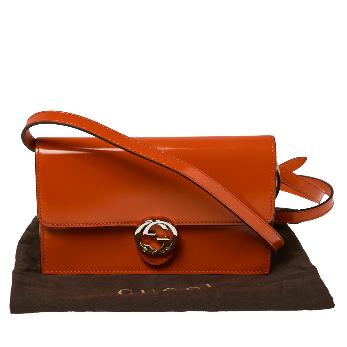 Gucci Orange Patent Leather Interlocking G Flap Clutch Bag 6
