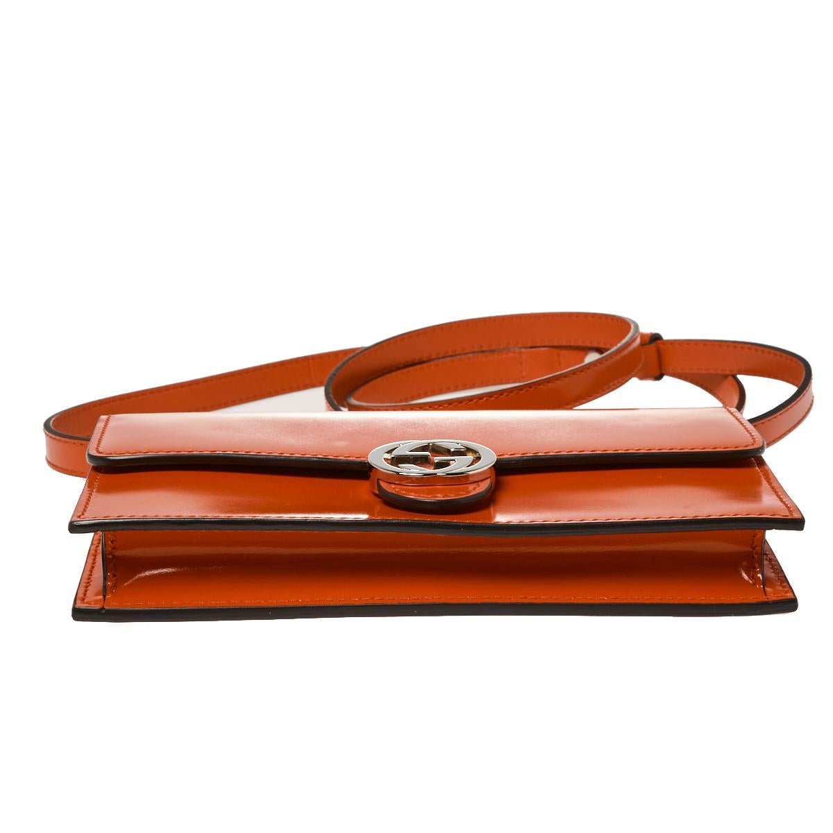 Women's Gucci Orange Patent Leather Interlocking G Flap Clutch Bag