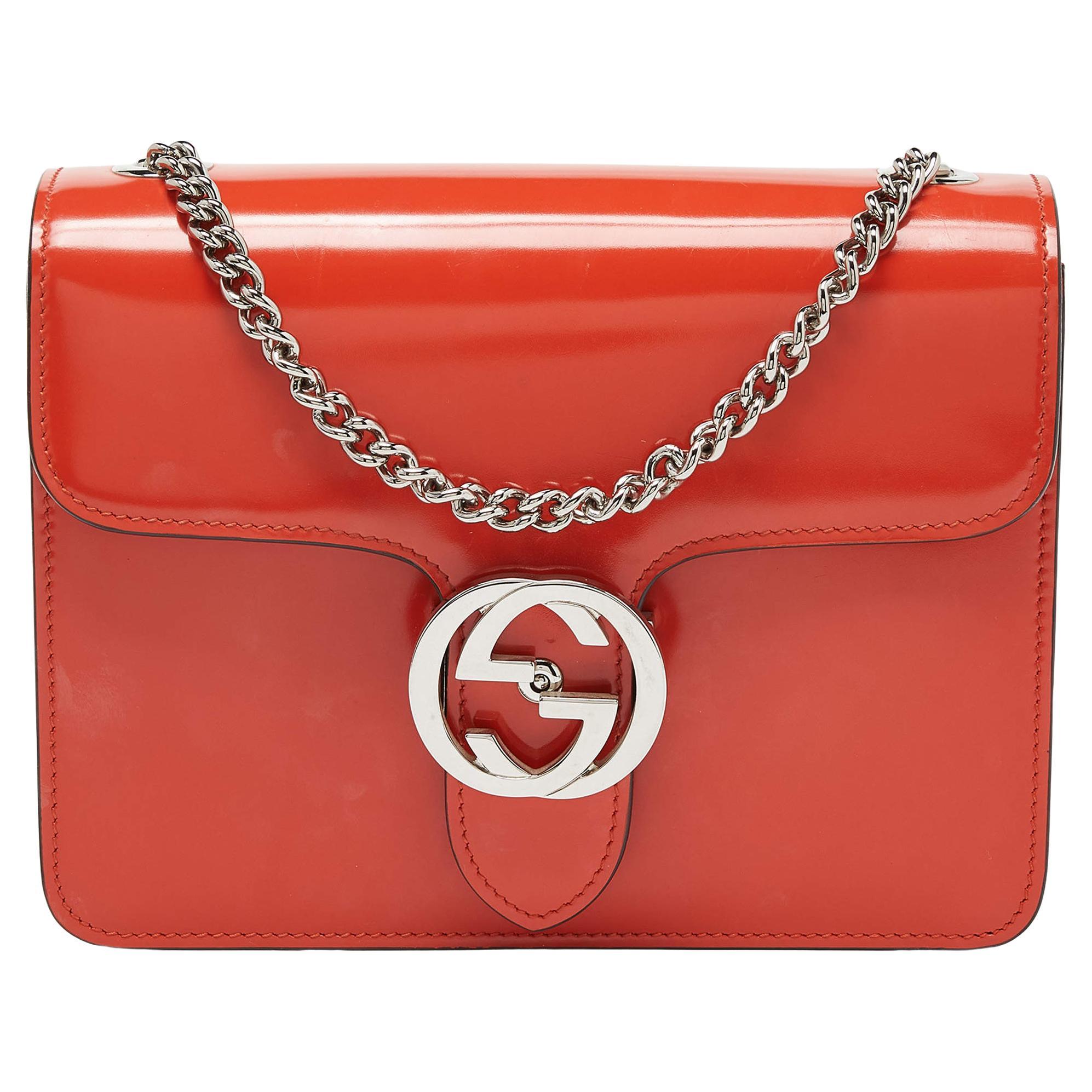 Gucci Orange Patent Leather Small Interlocking G Crossbody Bag For Sale