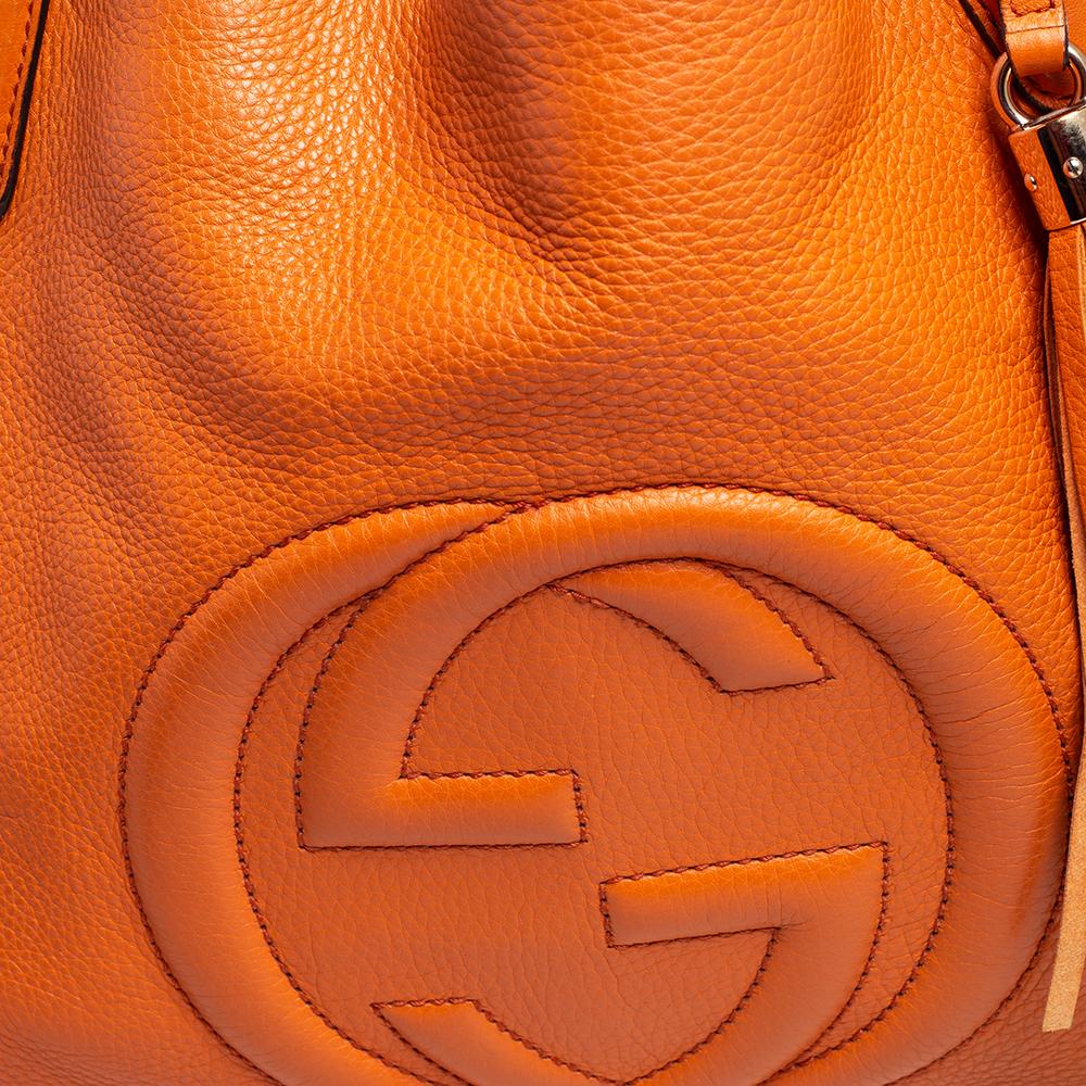 Gucci Orange Pebbled Leather Medium Soho Tote In Good Condition In Dubai, Al Qouz 2