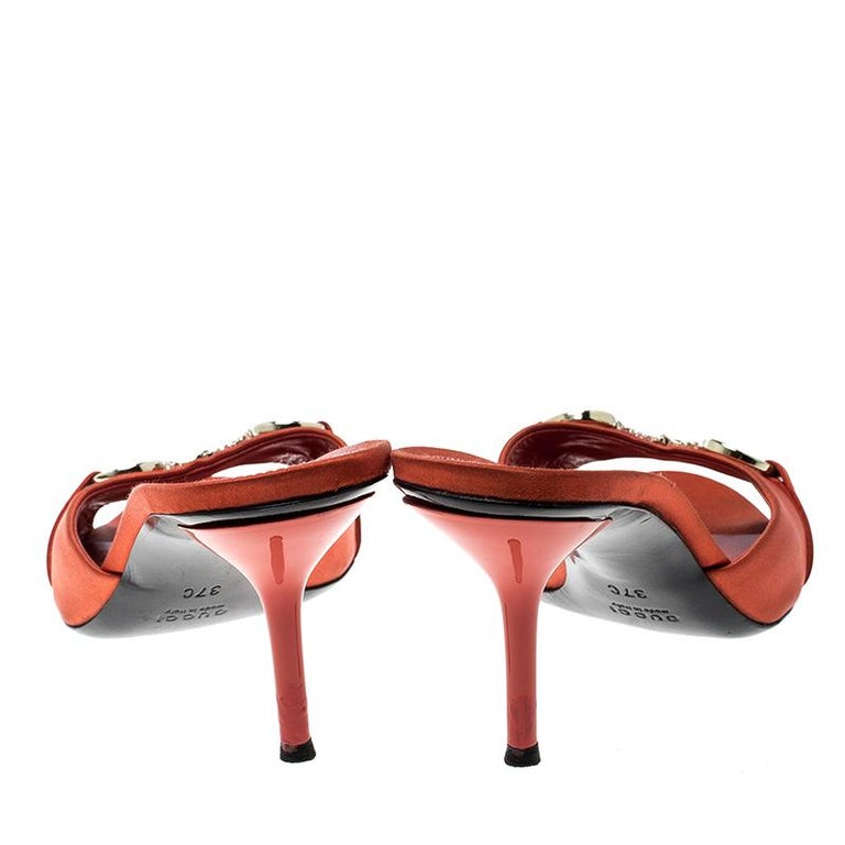 Women's Gucci Orange Satin Crystal Embellished Horsebit Slides Size 37