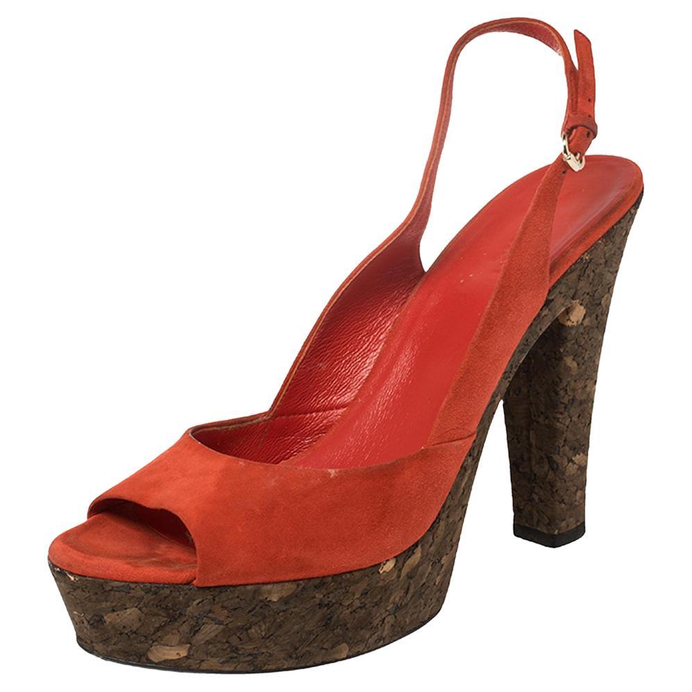 Gucci Orange Suede Cork Platform Slingback Sandals Size 40.5