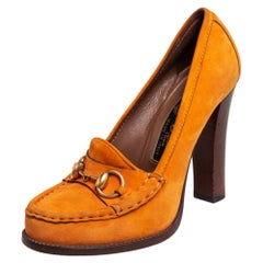 Gucci Orange Suede Horsebit Loafer Pumps Size 37.5