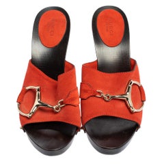 Gucci Orange Suede Horsebit Open Toe Mules Sandals Size 38.5