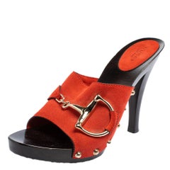 Gucci Orange Suede Horsebit Open Toe Mules Sandals Size 38.5