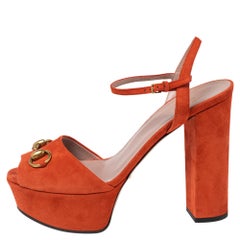 Gucci Orange Suede Horsebit Platform Ankle Strap Sandals Size 38