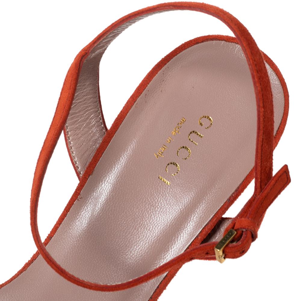 Red Gucci Orange Suede Horsebit Platform Ankle Strap Sandals Size 38