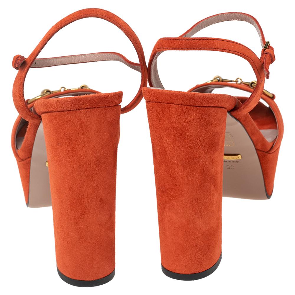 Women's Gucci Orange Suede Horsebit Platform Ankle Strap Sandals Size 38