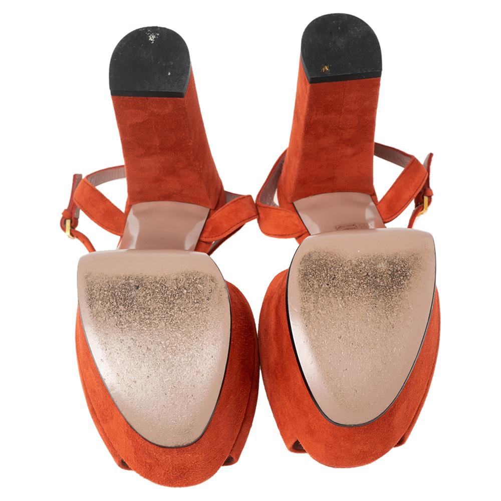 Gucci Orange Suede Horsebit Platform Ankle Strap Sandals Size 38 1