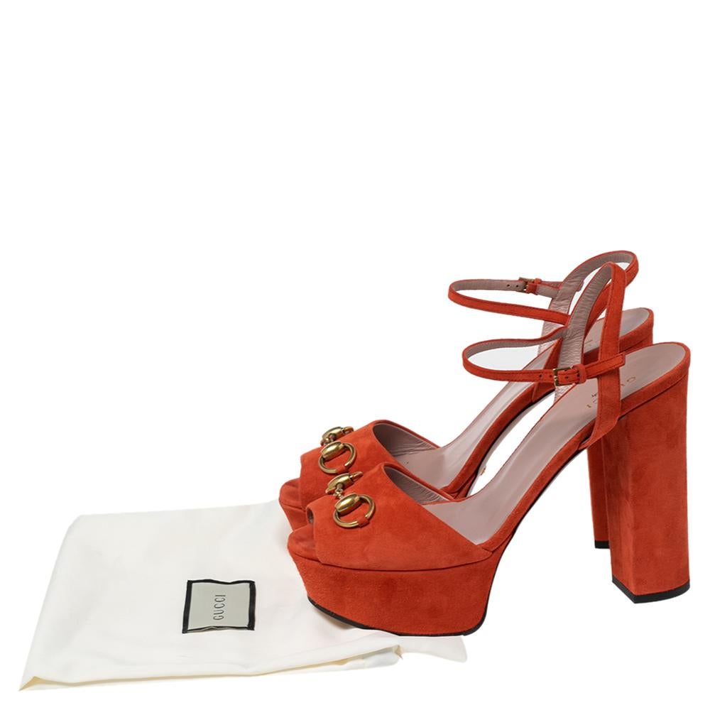Gucci Orange Suede Horsebit Platform Ankle Strap Sandals Size 38 2