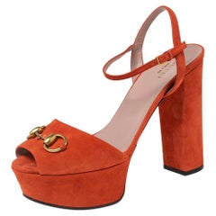 Gucci Orange Suede Horsebit Platform Ankle Strap Sandals Size 38
