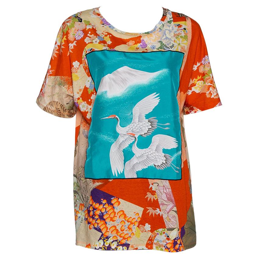 Gucci Orange & Teal Floral Bird Print T Shirt XL