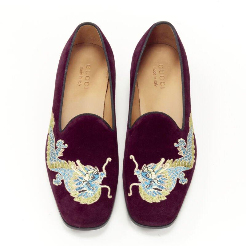GUCCI Oriental Dragon embroidered burgundy suede laofer UK7 US8 EU41
Reference: TGAS/B02178
Brand: Gucci
Designer: Alessandro Michele
Material: Suede
Color: Burgundy
Pattern: Solid
Lining:  Leather
Extra Details: Burgundy red suede leather upper.