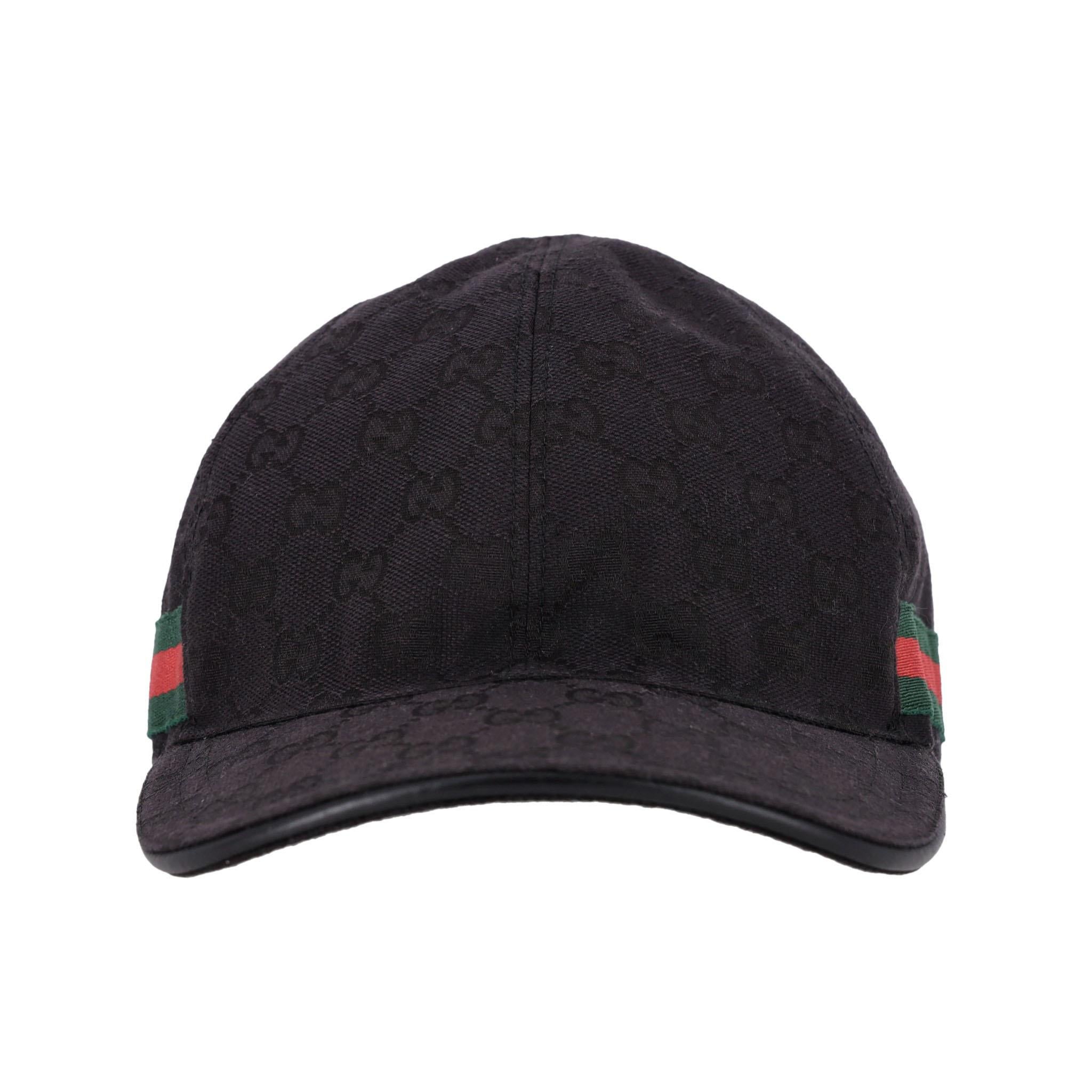 Gucci Original GG Canvas Baseball Cap With Web Stripe

Black cap crafted from the iconic GG canvas with black leather trims.

Detailed with the brand's signature red and green Web stripe to the side.

Featuring Velcro, adjustable strap closure to