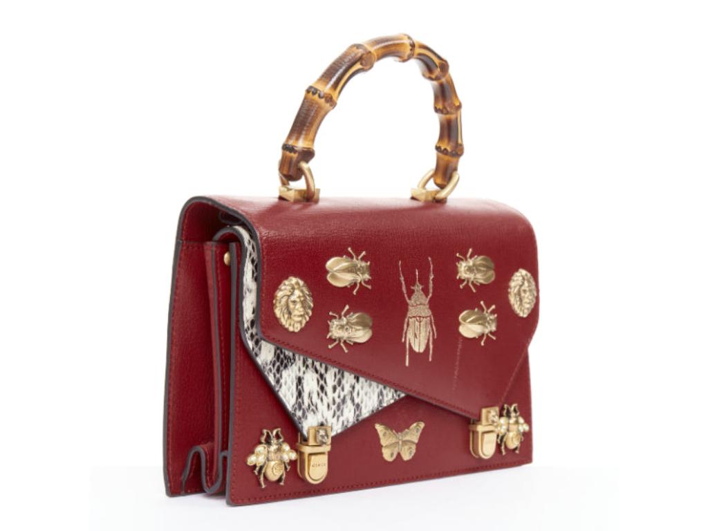 Marron GUCCI Ottilia Bamboo Top Handle red gold insect embellished bag en vente