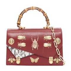 GUCCI Ottilia Bamboo Top Handle red gold insect embellished bag