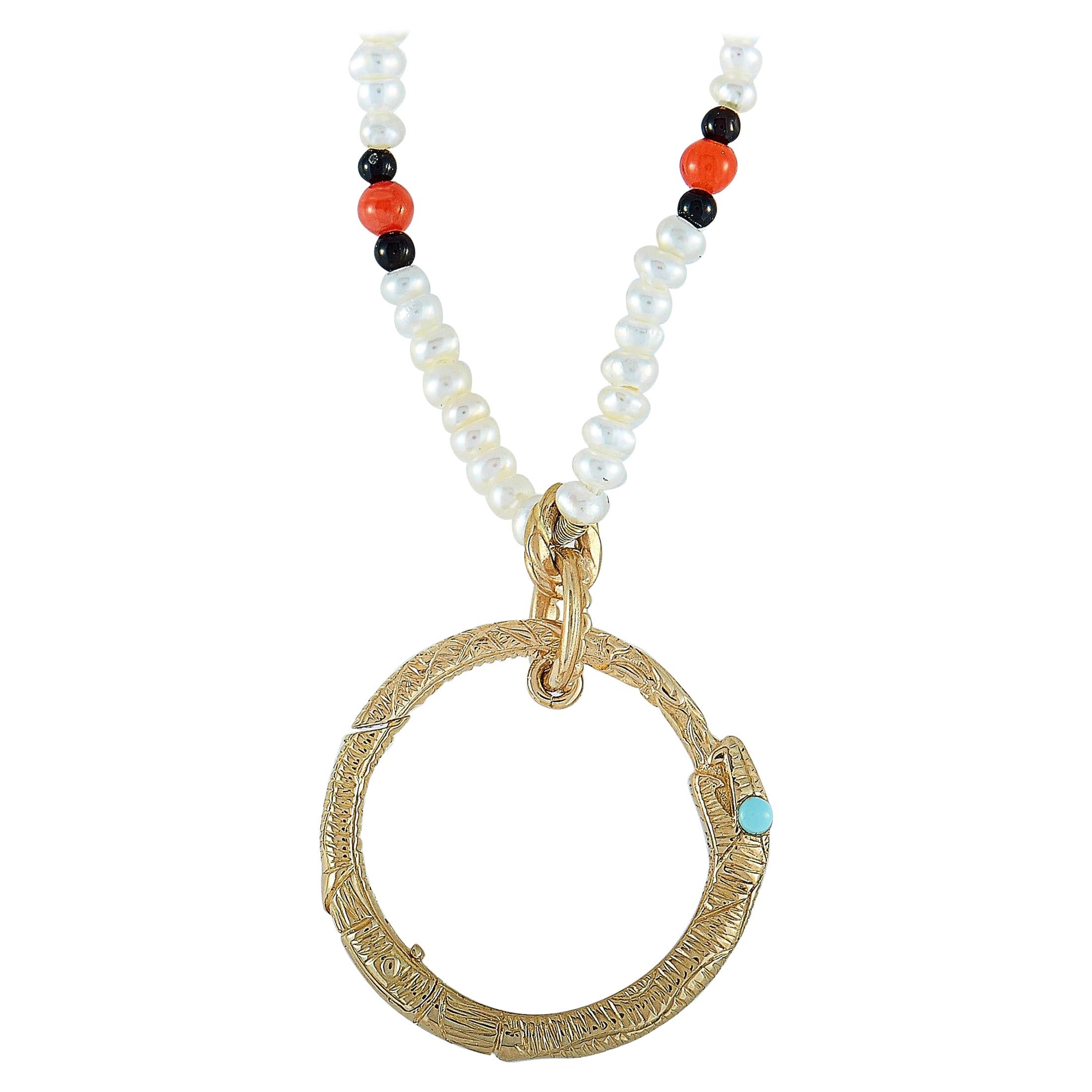 Gucci Ouroboros 18 Karat Gold Pearl, Turquoise, Coral and Onyx Beads Snake