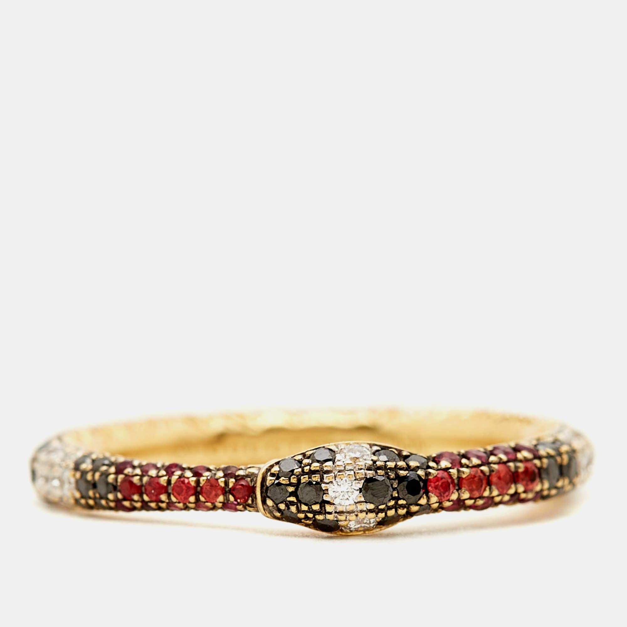 The Gucci Ouroboros ring is an exquisite and luxurious piece of jewelry. Crafted from gleaming 18k yellow gold, the ring features a captivating Ouroboros serpent design encrusted with an array of brilliant gemstones, adding a burst of colors to its