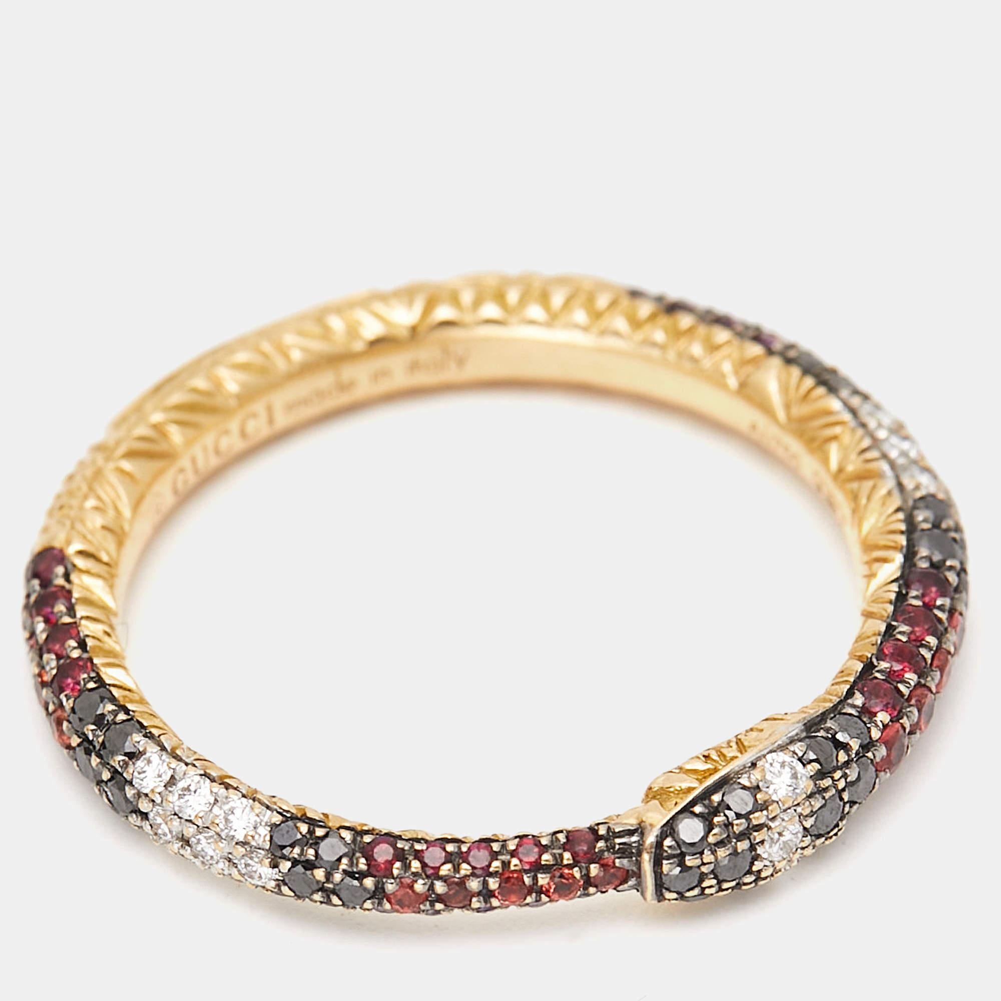 Gucci Ouroboros Multi Gemstone 18k Yellow Gold Ring Size 52 In Good Condition For Sale In Dubai, Al Qouz 2