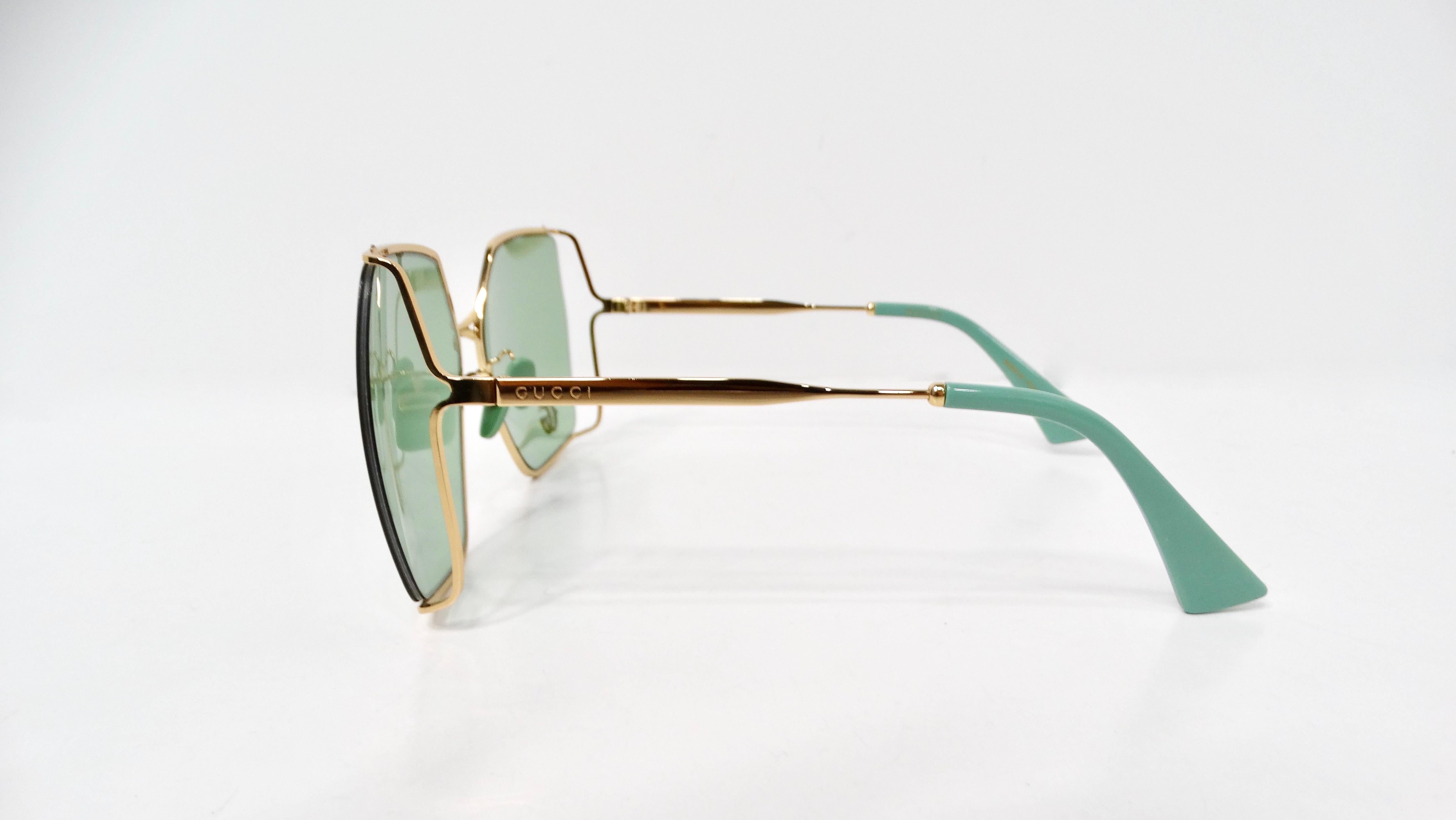 Gray Gucci Oversized Green With Gold-Tone Metal Frame GG Logo Sunglasses For Sale