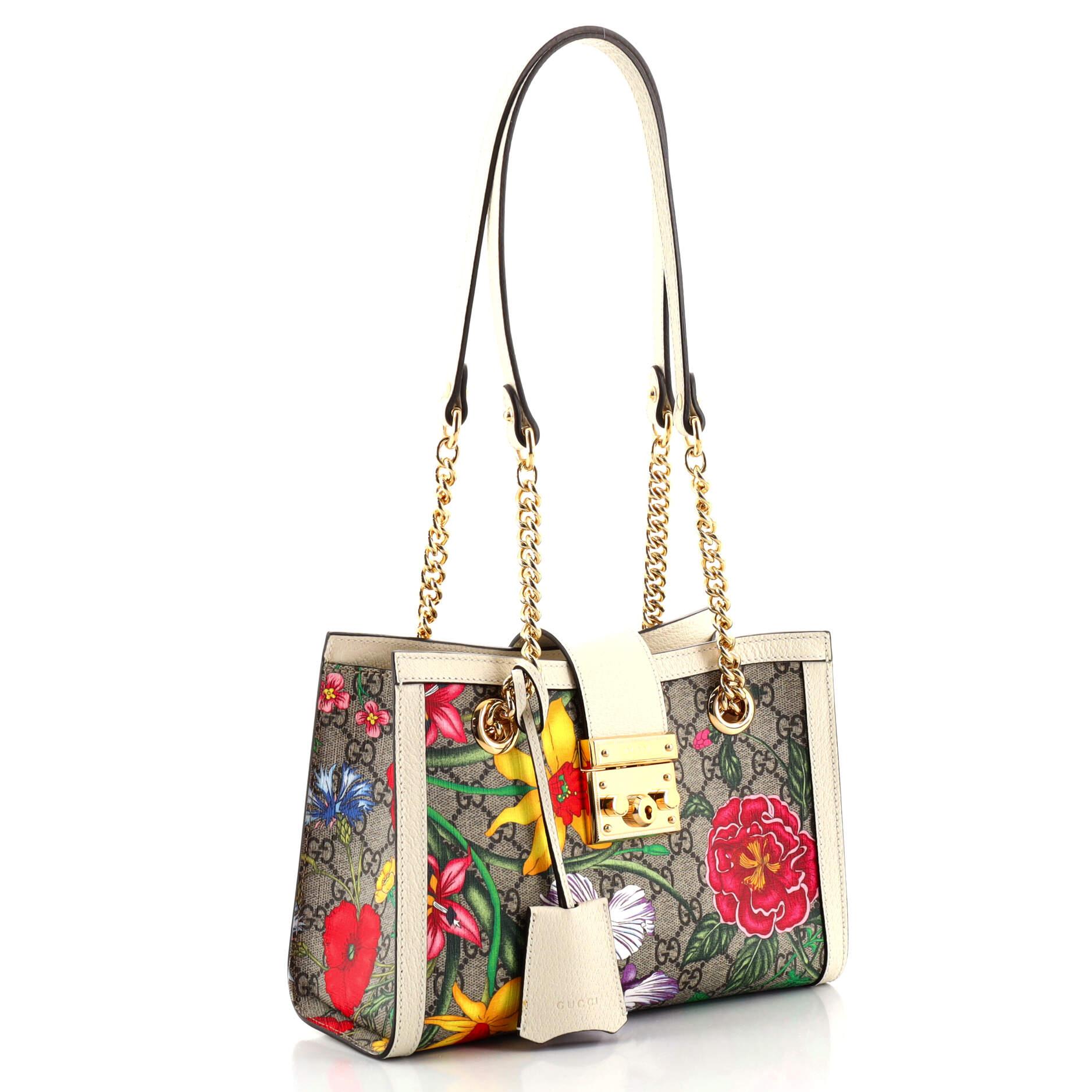Beige Gucci Padlock Chain Fourre-tout Flora GG en toile enduite petit modèle