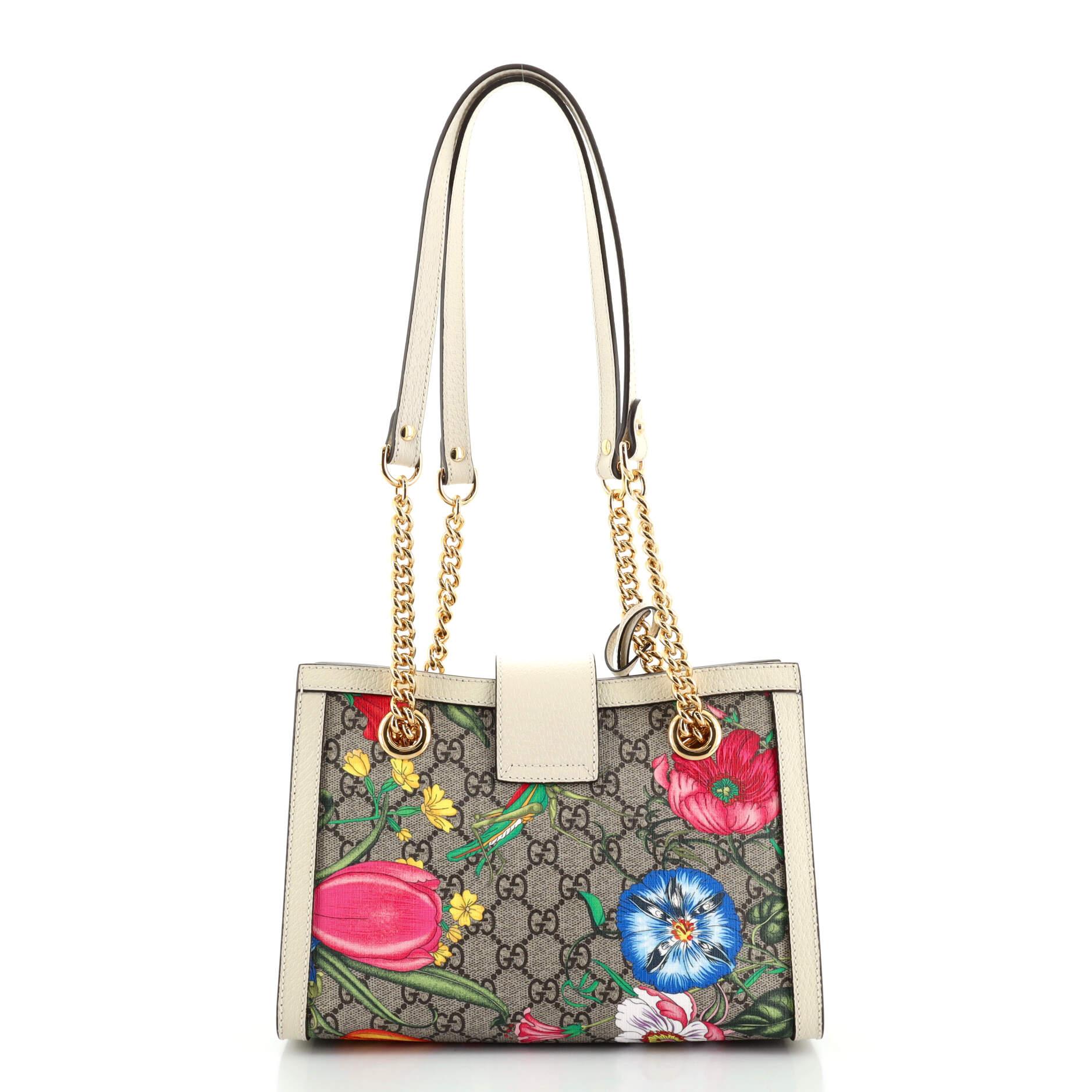 Gucci Padlock Chain Tote Flora GG Coated Canvas Small In Good Condition In NY, NY