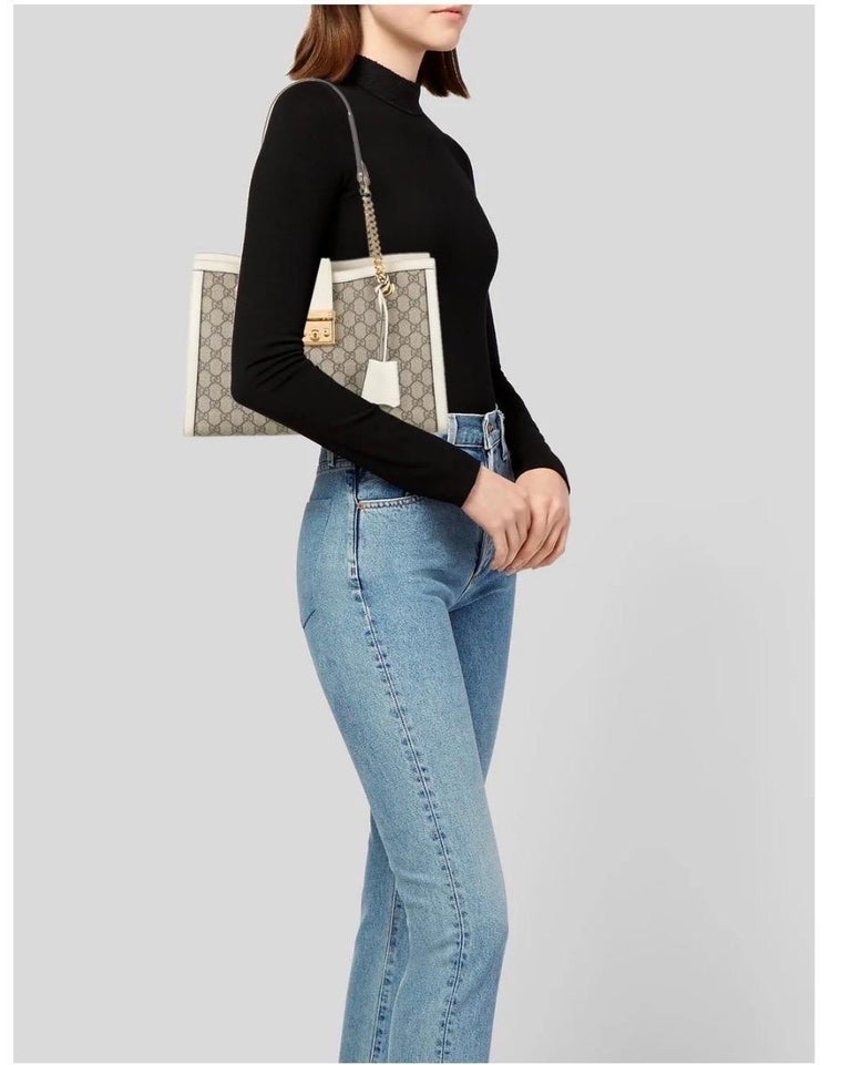 GUCCI Padlock leathertrimmed printed coatedcanvas tote, Medium Size, Mint Cond For Sale at 1stDibs