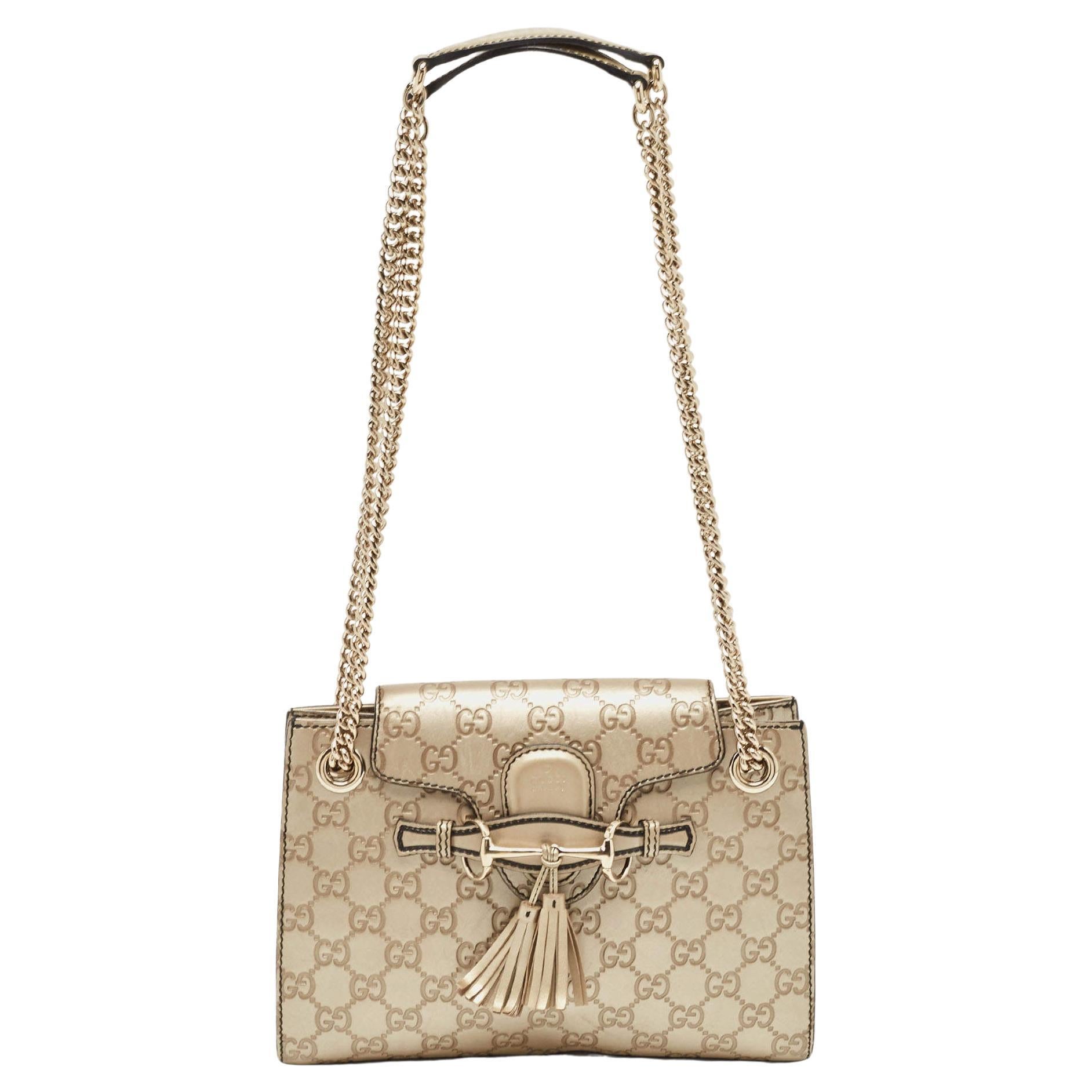 Gucci Pale Gold Guccissima Leather Small Emily Chain Shoulder Bag For Sale