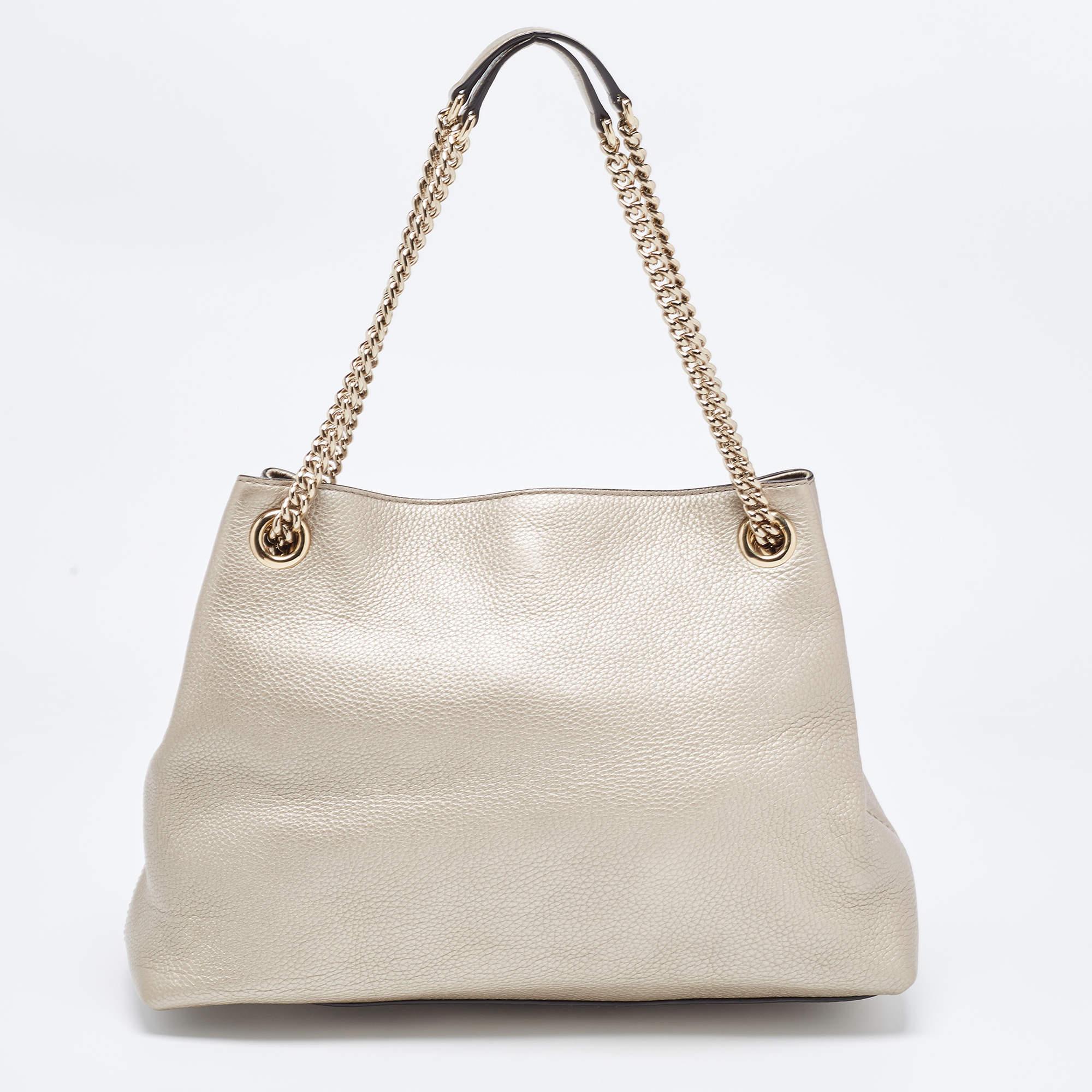 Women's Gucci Pale Gold Leather Medium Soho Chain Tote