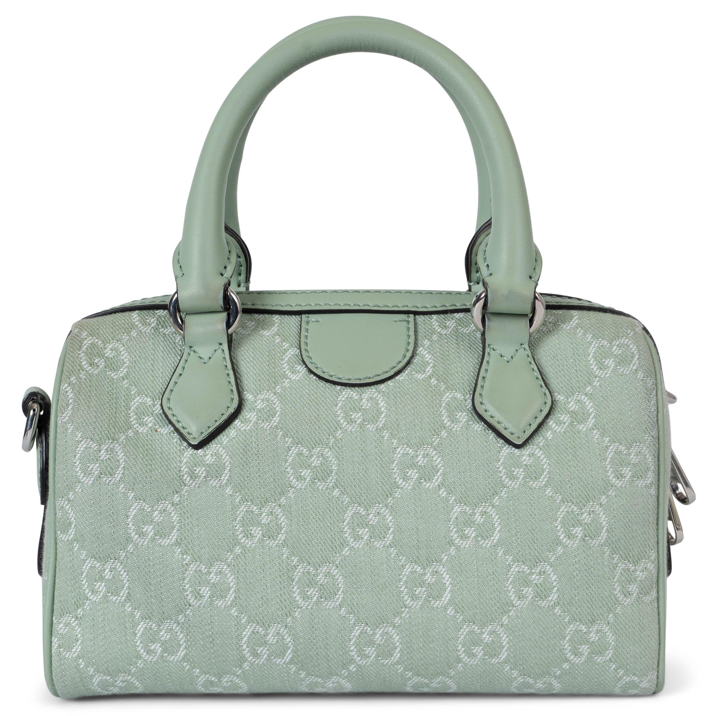 Gray GUCCI pale green denim 2024 OPHIDIA MINI TOP HANDLE Bag For Sale