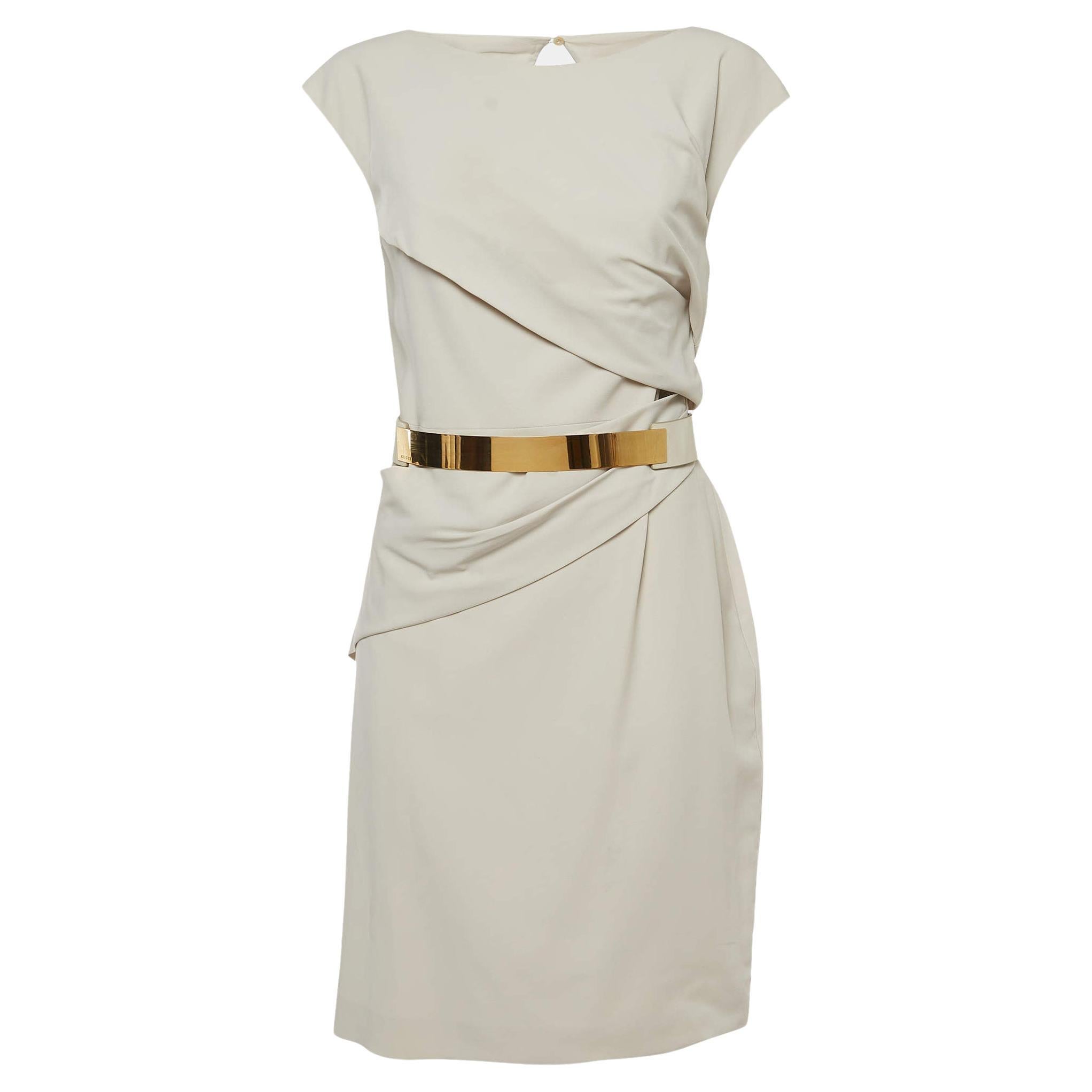 Gucci Pale Grey Stretch Cady Belted Knee-Length Dress M