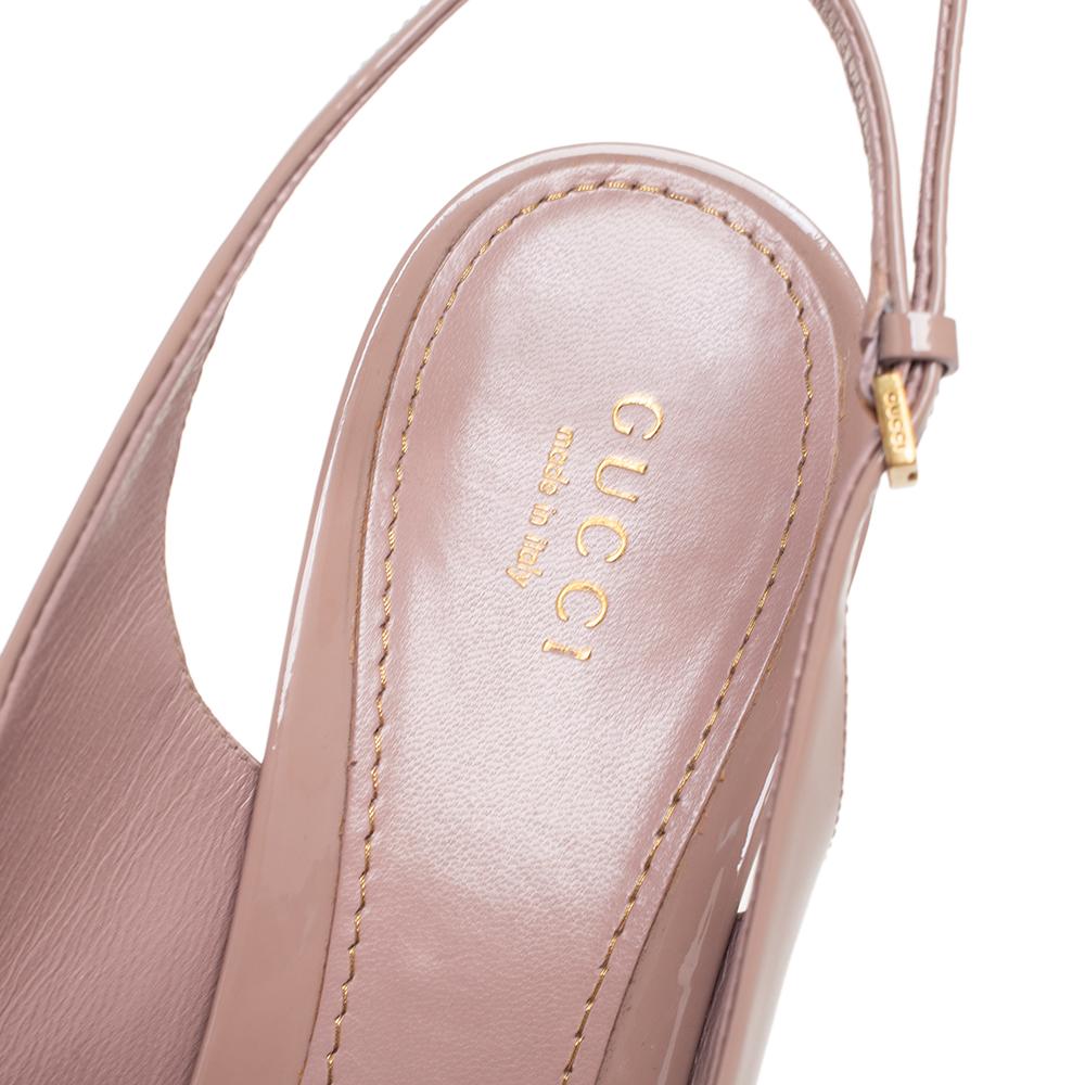 Women's Gucci Pale Pink Patent Leather Peeptoe Slingback Platform Sandals Size 39.5
