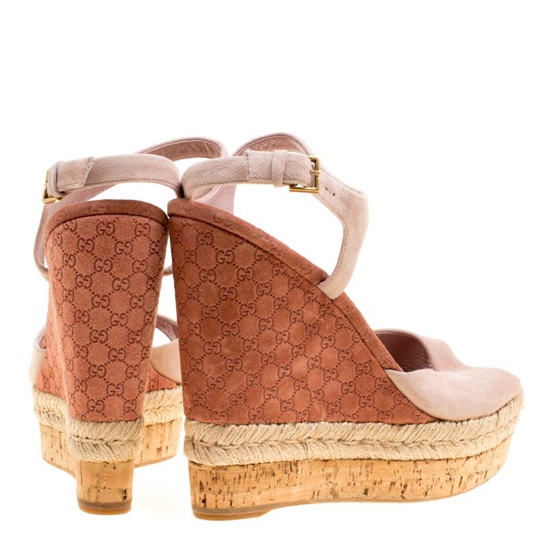 Beige Gucci Pale Pink Suede Hollie Espadrille Wedge Sandals Size 38.5