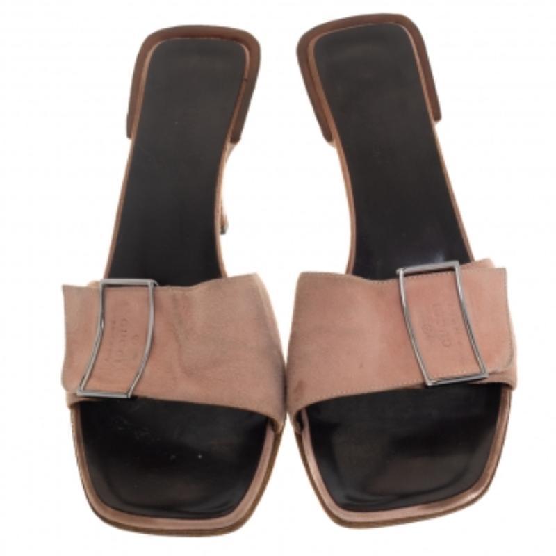 Brown Gucci Pale Pink Suede Vintage Square Toe Slide Sandals Size 37.5 For Sale