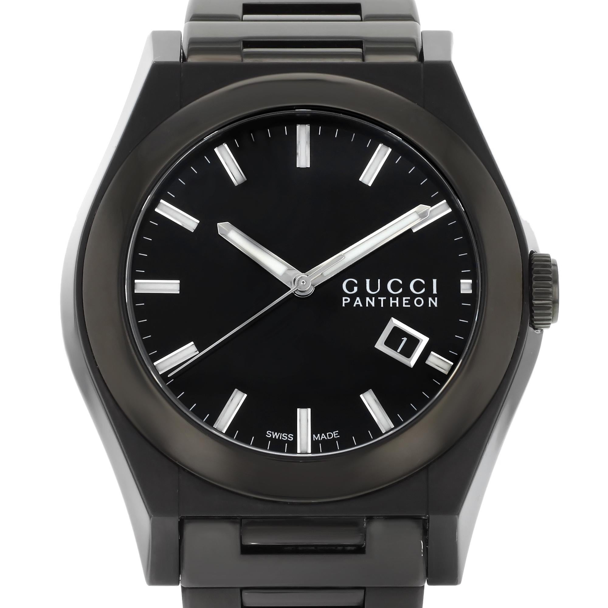 This pre-owned Gucci Pantheon YA115244 is a beautiful men's timepiece that is powered by a quartz movement which is cased in a stainless steel case. Minor blemish on PVD. It has a round shape face, date dial, and has hand sticks style markers. It is