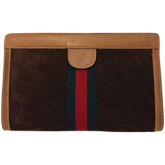 Gucci Parfums Vintage Brown Suede Clutch With Signature Web